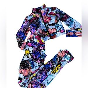 Love Star ladies 2pc stretch crop zip jacket matching pocketed Leggings size Lg